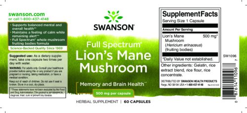 Swanson Süngomba Lion's mane kapszula 500 mg 60 kapszula