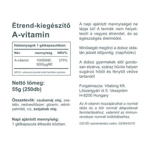 Vitaking A-vitamin 10000NE 250 lágyzslatin kapszula
