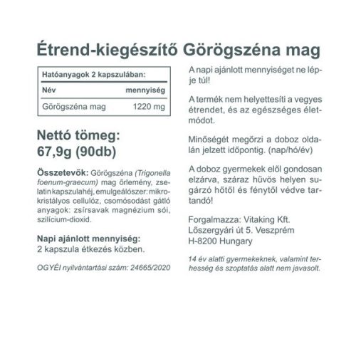 Vitaking Görögszéna mag (Fenugreek Seed) 1220mg, 90 kapszula