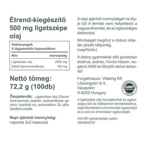 Vitaking Ligetszépe olaj ( Evening Primrose Oil) 500mg 100 kapszula