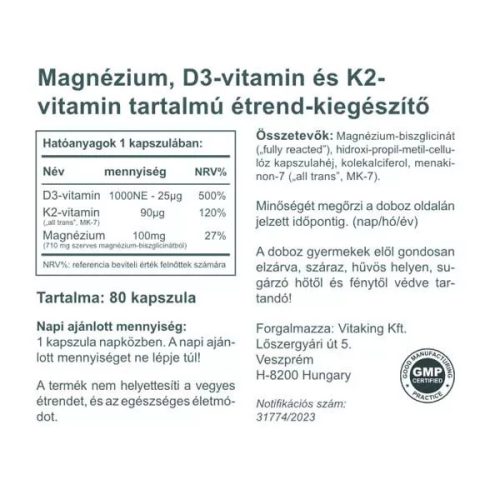 Vitaking MagneTrio  D3+K2+ Magnézium biszglicinát 80 kapszula