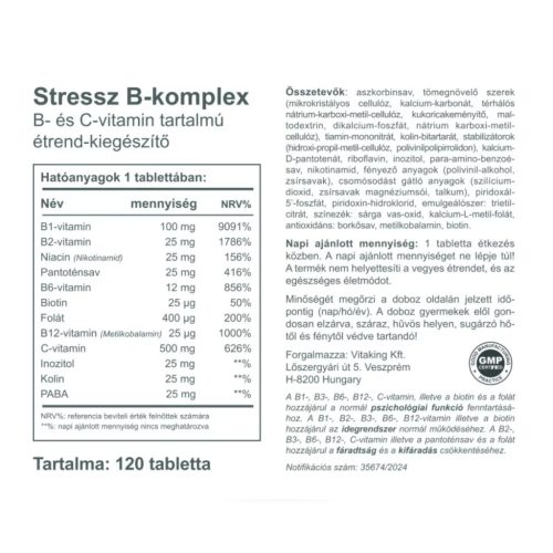 Vitaking Stressz B-komplex aktiv B12 vitaminnal és foláttal 120 vegán tabletta 
